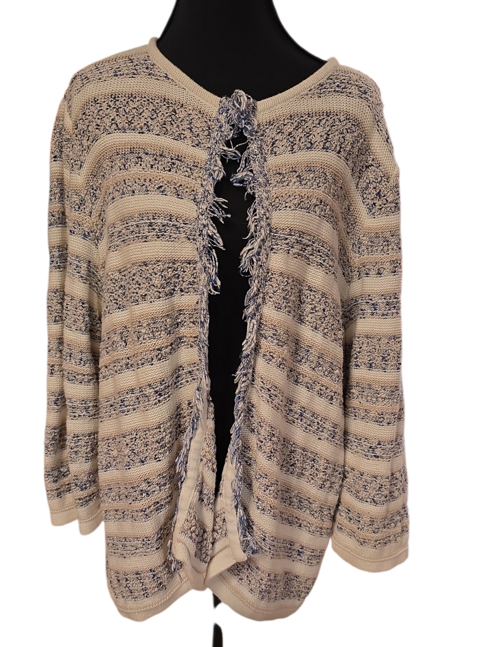 Chico's Costal Blue and White Fringe Striped Cardigan 3